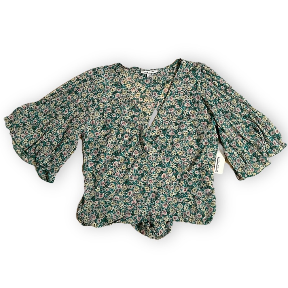 New Haute Monde Deep V-Neck Floral Blouse XL Cut Out Tie Back Bohemian Boho Top